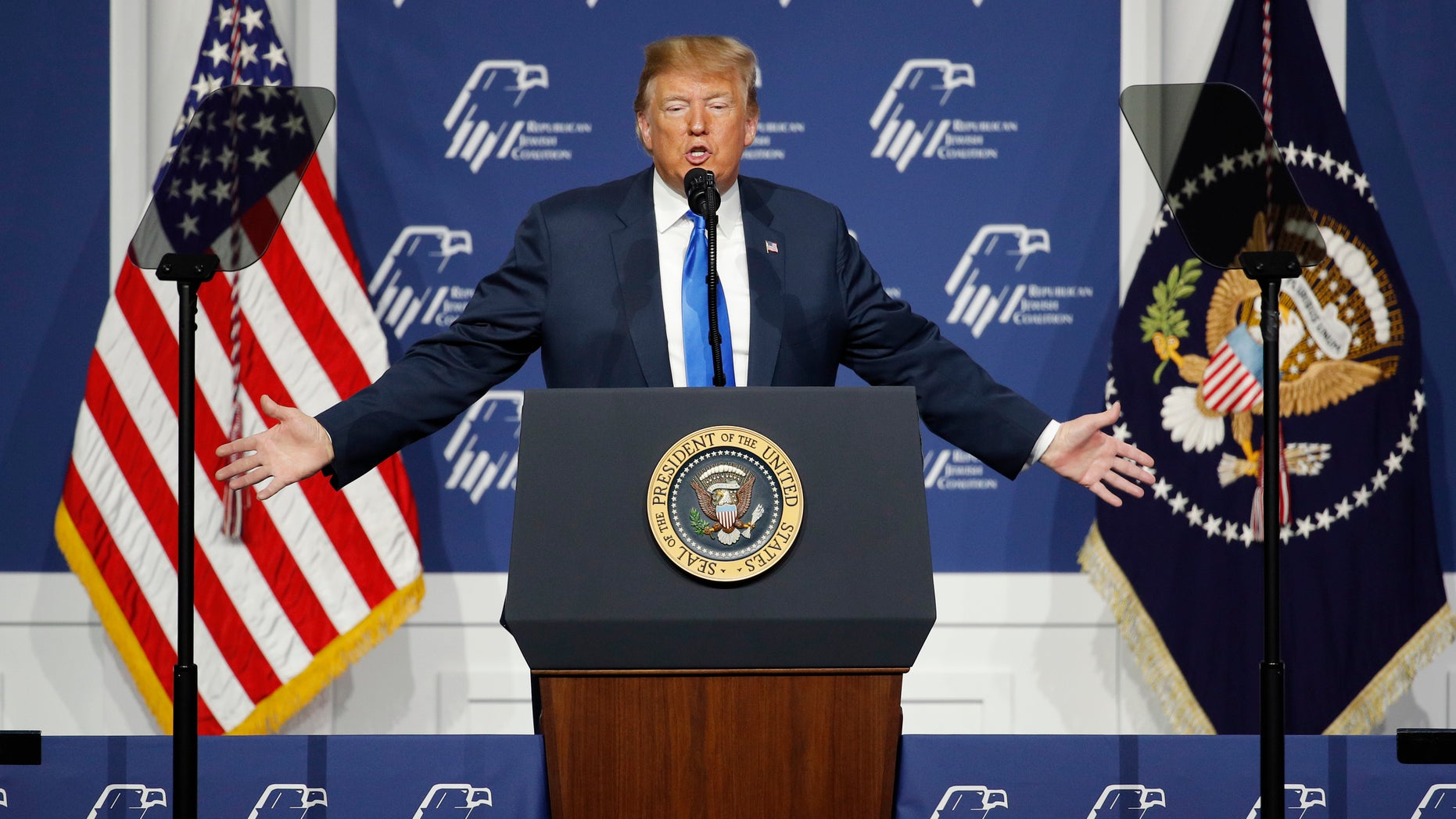 President Donald Trump speaks at an annual meeting of the Republican Jewish Coalition, Saturday, April 6, 2019, in Las Vegas. (AP Photo/John Locher)
