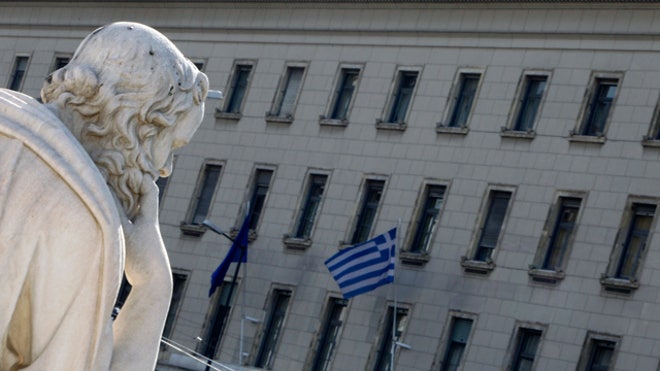 Bank of Greece Statue Greek Flag Building FBN