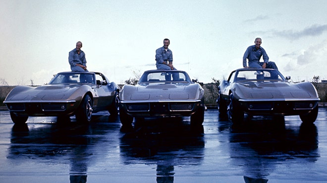 The crew of Apollo 12 and their matching 1969 Corvettes