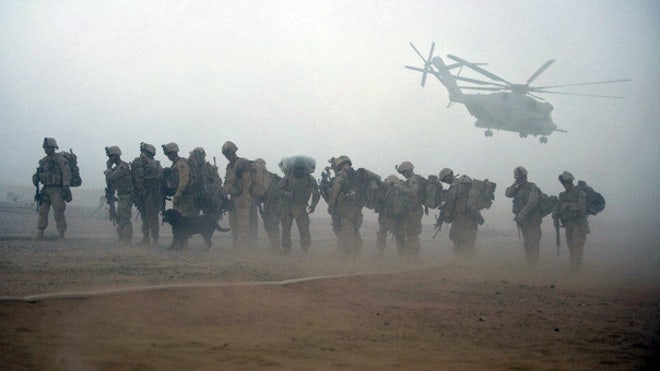 Marines w chopper in Afg war