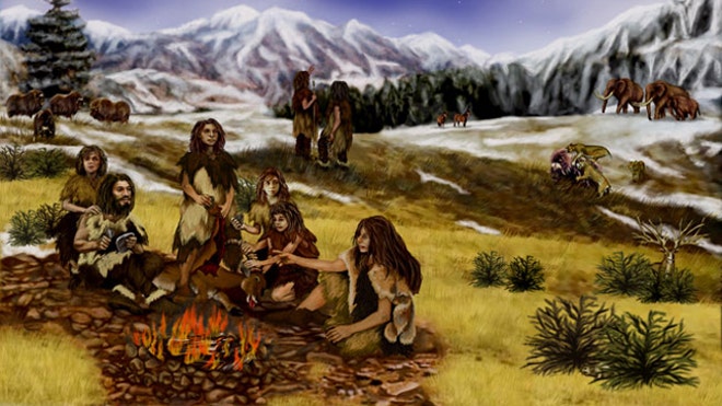 An artist imagines the typical Neanderthal family.