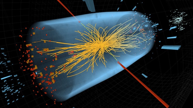 Dec. 10, 2011: Two high-energy photons shown as red towers are smashed together in the LHC. The yellow lines are the measured tracks of other particles produced in the collision -- possible evidence in the hunt for the Higgs Boson. (CERN)