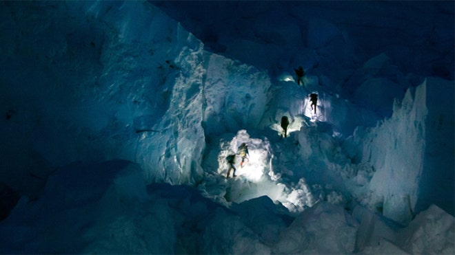 Sherpa's headlamps in the Khumbu Icefall National Geographic