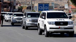 International inspectors in charge of overseeing the destruction of Syria's chemical weapons left their hotel in Damascus on Wednesday to begin their work as deadly clashes raged on the edge of the capital.