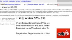A Craigslist ad seeks to hire New York Yelpers with  reviews or moreto write five star reviewsof restaurants.