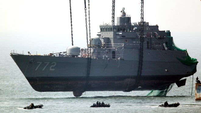 SK warship pulled from water