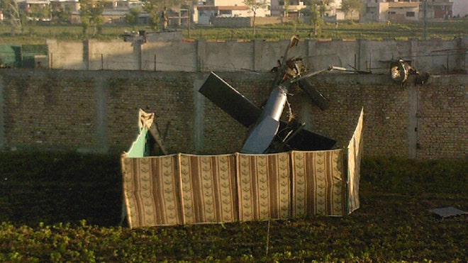 Helicopter wreckage at bin Laden's compound