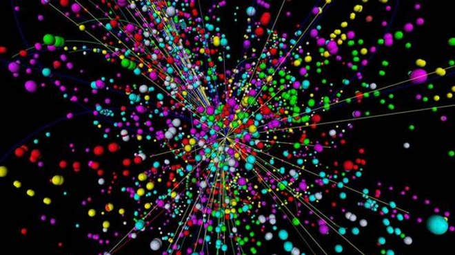 A simulation of a particle collision inside the Large Hadron Collider