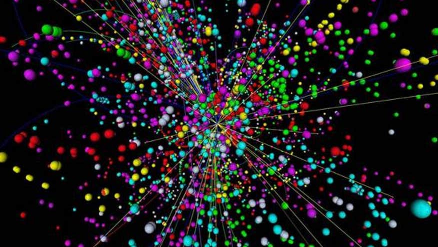 A simulation of a particle collision inside the Large Hadron Collider