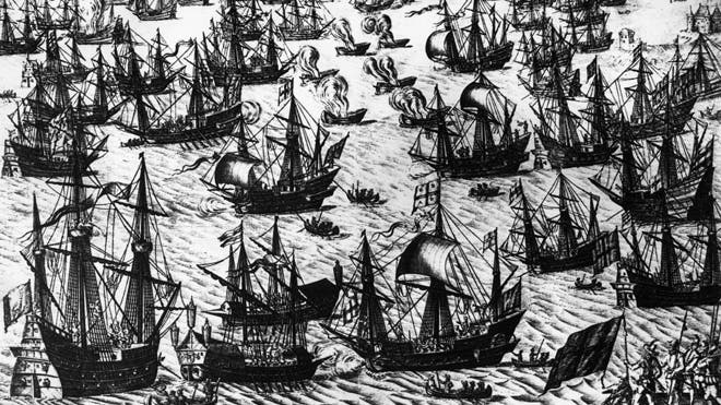August 1588, A Dutch engraving depicting English fire ships amongst the warships of the Spanish Armada on 7th and 8th August 1588. The Spanish fleet was at anchor and was forced to cut anchor cables and scatter.  Read more: http://latino.foxnews.com/latino/lifestyle/2013/06/05/wreck-two-17th-century-spanish-war-ships-found-off-peruvian-coast/#ixzz2WuRTaZAN