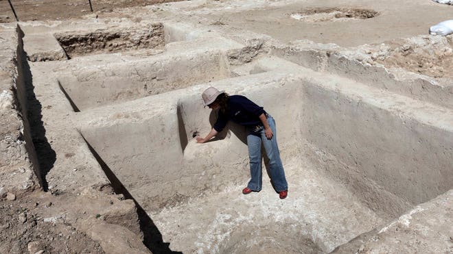 Gal Sharon from the Israel Antiquities Authority inspects a recently discovered wine press