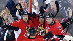  Colin Greening scored : into double overtime, and the Ottawa Senators rallied for a - victory over the Pittsburgh Penguins that cut their series deficit to - on Sunday night.