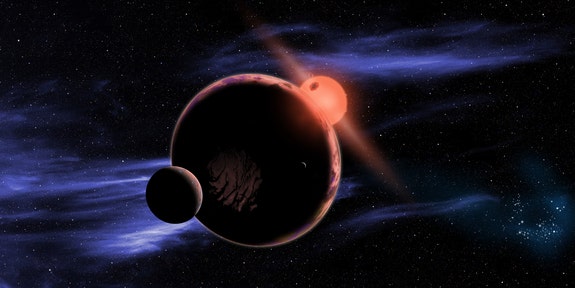 This artist’s conception shows a hypothetical habitable planet with two moons orbiting a red dwarf star. Astronomers have found that 6 percent of all red dwarf stars have an Earth-sized planet in the habitable zone, which is warm enough for liq (David A. Aguilar (CfA))