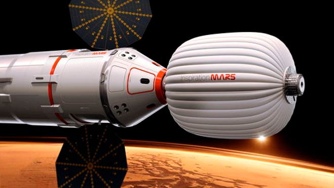 An artist's illustration of the Inspiration Mars Foundation's spacecraft for a 2018 mission to Mars by a two-person crew. The private Mars mission would be a flyby trip around the Red Planet. (Inspiration Mars Foundation)