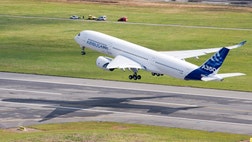 The Airbus A's maiden flight ended with a safe landing on Friday, setting the stage for intensifying competition with U.S. rival Boeing in the long-haul wide-body aircraft market.