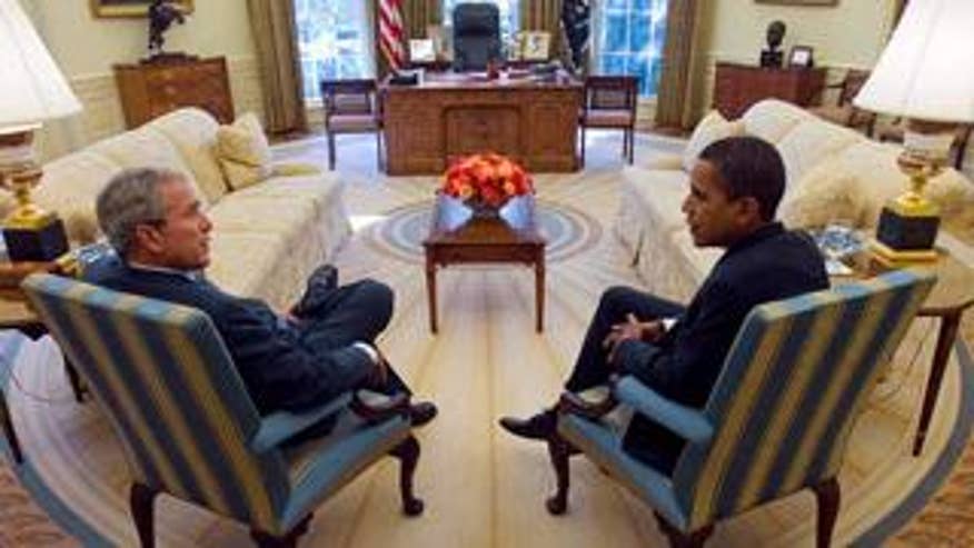 Nov. 20: President Bush and President-elect Barack Obama meet in the Oval Office as the Illinois senator prepares to take office in January.