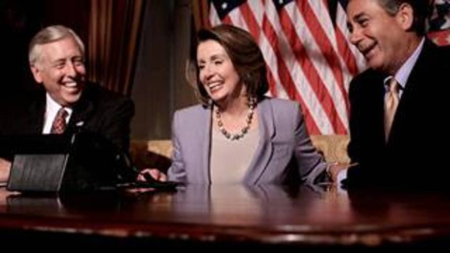 Nancy Pelosi shares a laugh as the 111th Congress opens session
