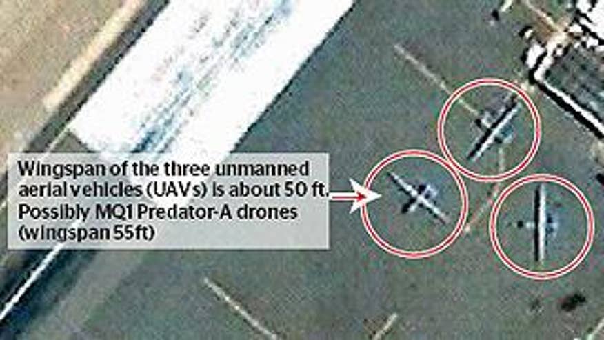 The Shamsi airbase in Pakistan in 2006 with three drones apparently visible. (Google/Times of London)