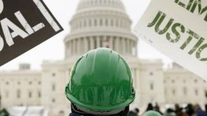Global warming protesters gather near the Capitol after a snowstorm dumped half a foot of snow on Washington, D.C. (Reuters).