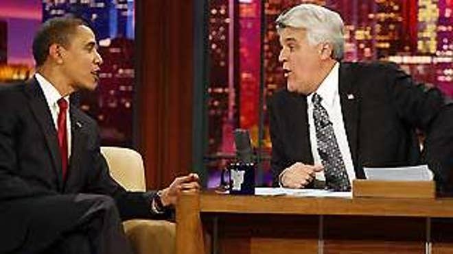President Barack Obama, left, appears on The Tonight Show with Jay Leno in Burbank, Calif. Thursday, March 19, 2009. (AP)