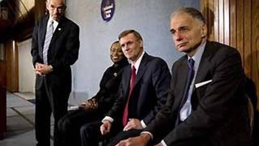 FILE: Rep. Ron Paul, a former 2008 Republican presidential candidate, joins third party candidates taking part in a news conference on Sept. 10, 2008, From left are: Paul, former Georgia Rep. Cynthia McKinney from the Green Party, Chuck Baldwin of the Constitution Party, and Ralph Nader. (AP Photo)