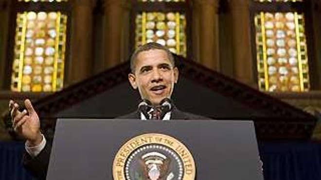 April 14: President Obama speaks about the economy at Georgetown University's Gaston Hall. The school covered up religious symbols bearing the name of Jesus during Obama's remarks at the behest of the White House. (Reuters)