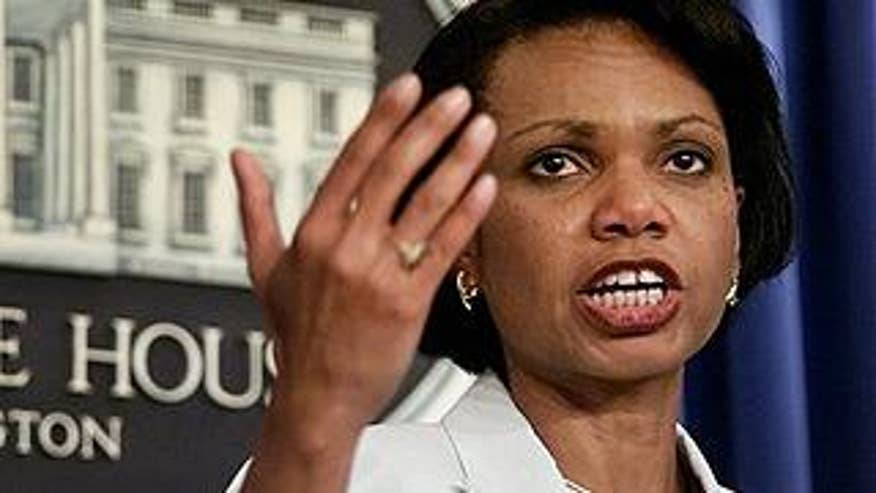 Condoleezza Rice talks with reporters at the White House in 2001.
