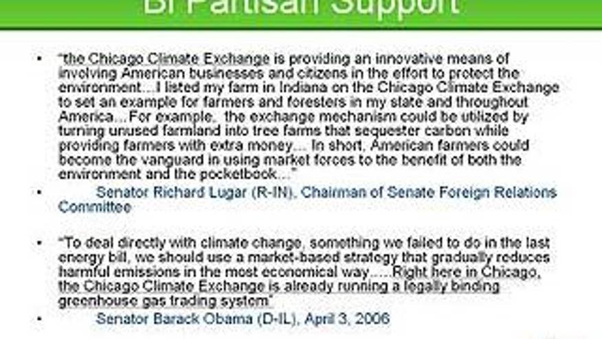 An image of an endorsement from Sen. Richard Lugar of a greenhouse gases trading system funded by then-State Sen. Barack Obama. Lugar's 604-acre farm was the Chicago Climate Exchange's first client in the state of Indiana.