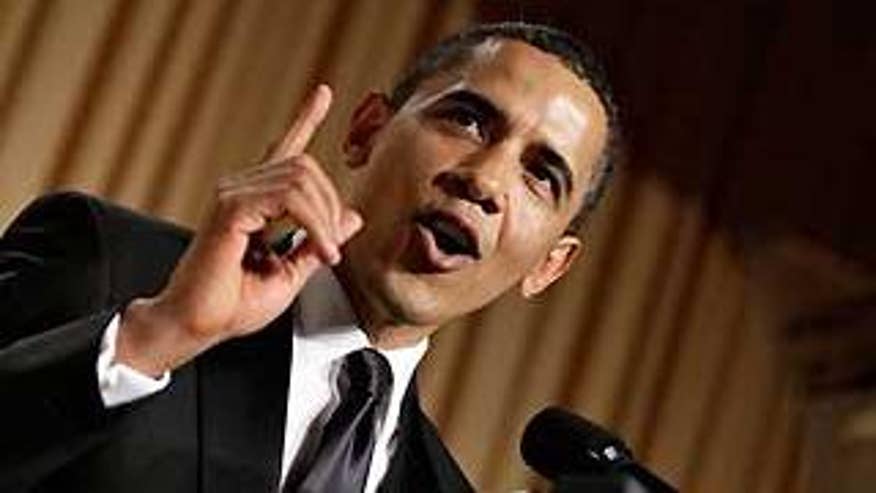 President Obama pokes fun at politicians and the press at the annual White House Correspondents' Association dinner in Washington Saturday. (AP Photo)