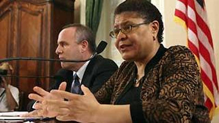 June 29: California Assembly Speaker Karen Bass holds a news conference with Senate President Pro Tem Darrell Steinberg at the Capitol in Sacramento. Bass accused talk radio conservatives of 'terrorizing' her Republican colleagues.