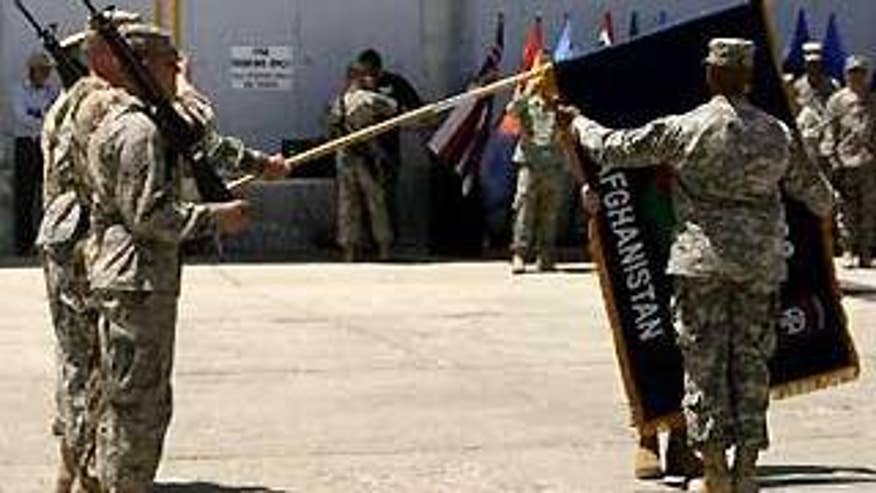 U.S. soldiers participate in a change of command ceremony at Bagram Air Base in Afghanistan June 3. (Reuters Photo)