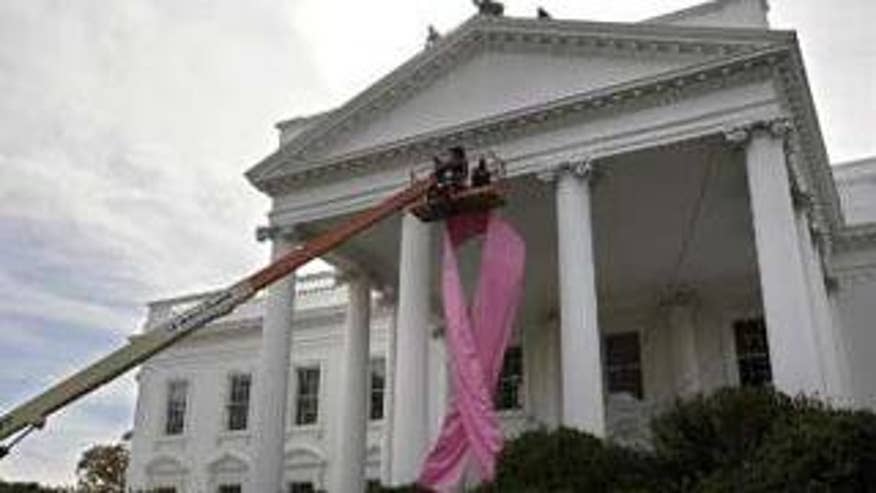 Workers hoist a pink ribbon in honor of breast cancer awareness at the White House Oct. 26. (Reuters Photo)
