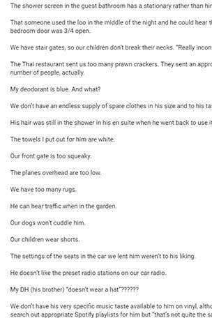 Houseguest has ‘bonkers’ list of complaints