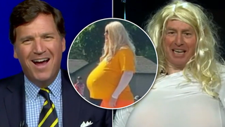 Tucker Carlson guest dresses as trans teacher with giant prosthetic breasts to ridicule school drama