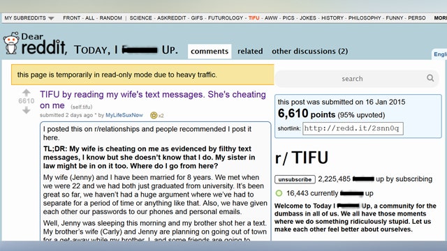 Husband catches wife cheating, posts live updates on Reddit