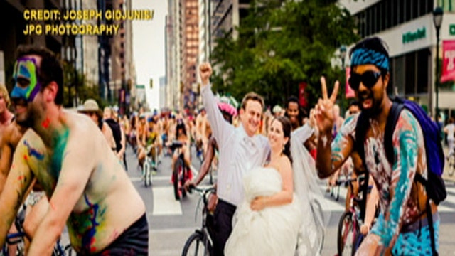 Wedding photos with nude cyclists