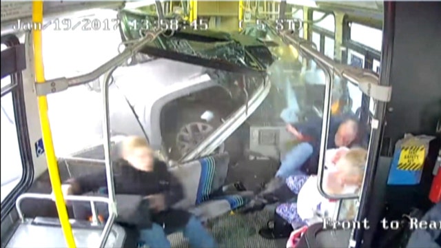 Camera catches moment pickup slams into side of bus