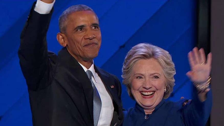 President Obama is joined by Hillary Clinton on stage at the Democratic National Convention