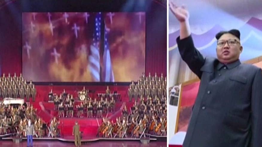 Raw video: North Korea state television airs footage from musical marking birthday of Kim Il Sung which ended with mock-up video of missiles reigning down on U.S.