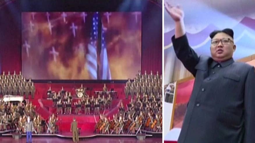 Raw video: North Korea state television airs footage from musical marking birthday of Kim Il Sung which ended with mock-up video of missiles reigning down on U.S.