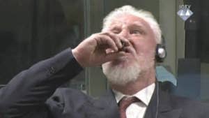The United Nations suspends a hearing after a former Bosnian Croat military chief drinks from a bottle upon hearing the verdict.