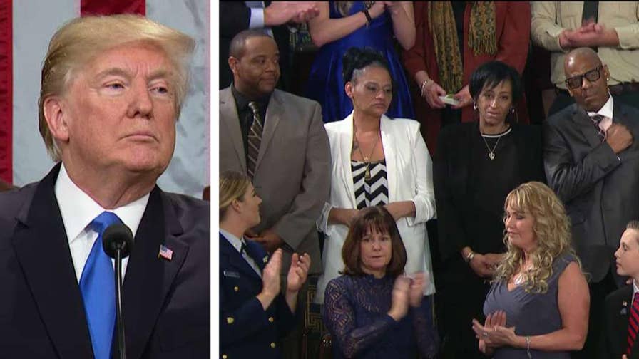 President Trump says Americans are grieving for Evelyn Rodriguez, Freddy Cuevas, Elizabeth Alvarado and Robert Mickens whose daughters Kayla Cuevas and Nisa Mickens were killed on Long Island.
