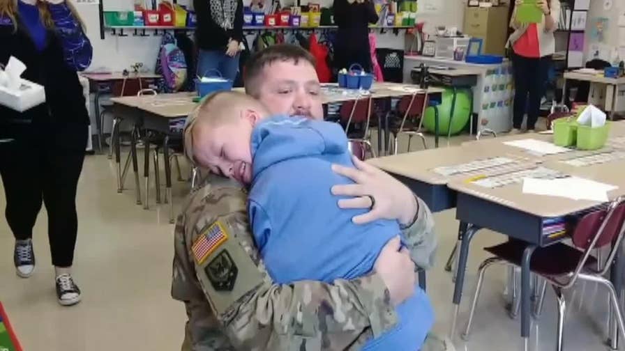 A Missouri soldier returned home early and surprised his son at school who was celebrating his birthday.