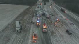 A Missouri fire department shared incredible drone video Monday showing the aftermath of a huge, deadly pileup on Interstate-44 that happened during a snowstorm Sunday.