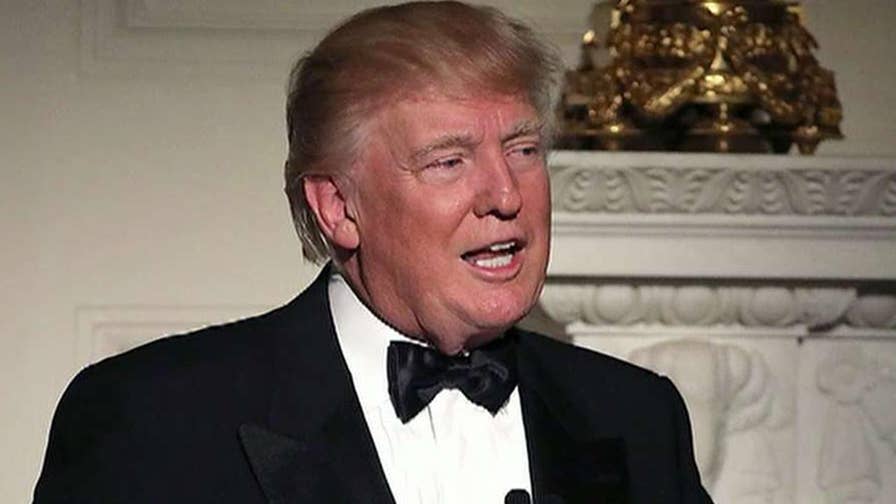 President Trump makes jokes and serious comments during the Gridiron Dinner with the press.