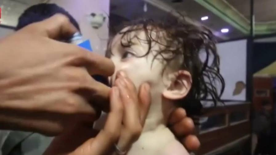 Horrific video shows children being treated after a chemical weapons attack on the rebel-held suburb of Douma, Syria.