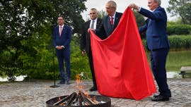 The president of the Czech Republic stunned journalists at a press conference on Thursday where he set a giant pair of red underwear on fire.