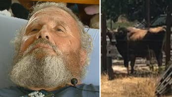 69-year-old California man says he's still alive after getting gored twice by bull because of good karma from saving woman from burning house in the 1970s.