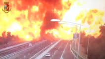 Police say a tanker truck carrying flammable material exploded in the Italian city of Bologna after it was rear-ended by another semi.