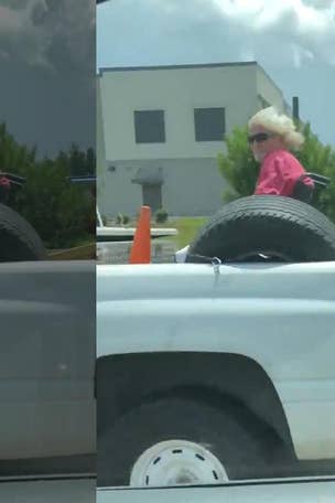 Woman rides wheelchair in pickup